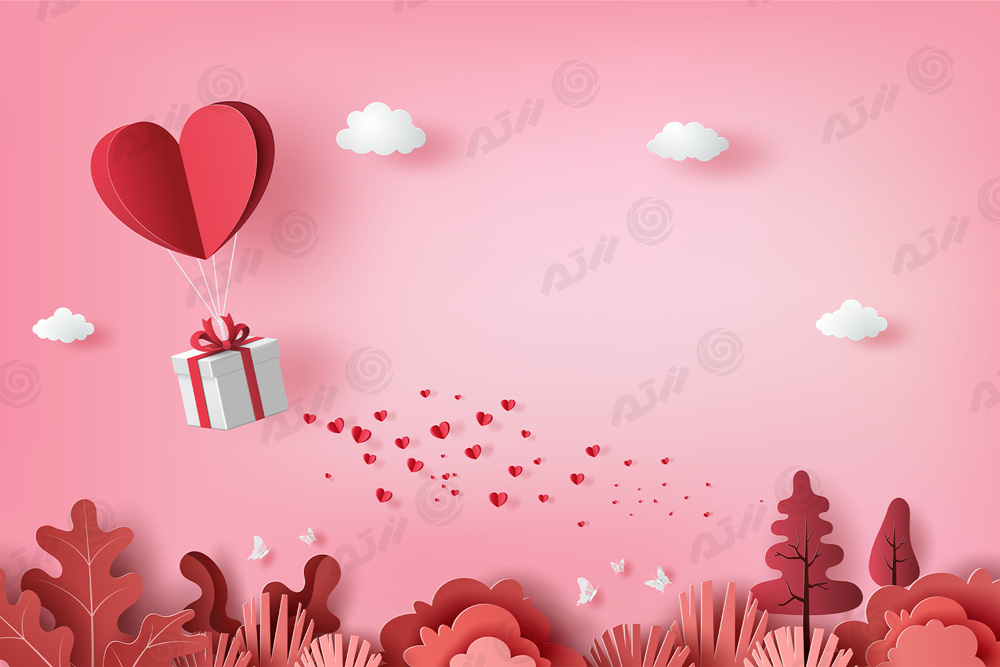 وکتور EPS لایه باز طرح گرافیکی و کاغذی ویژه روز ولنتاین مناسب برای کارت پستال یا بنر یا پس زمینه شامل بالون قلبی حامل هدیه